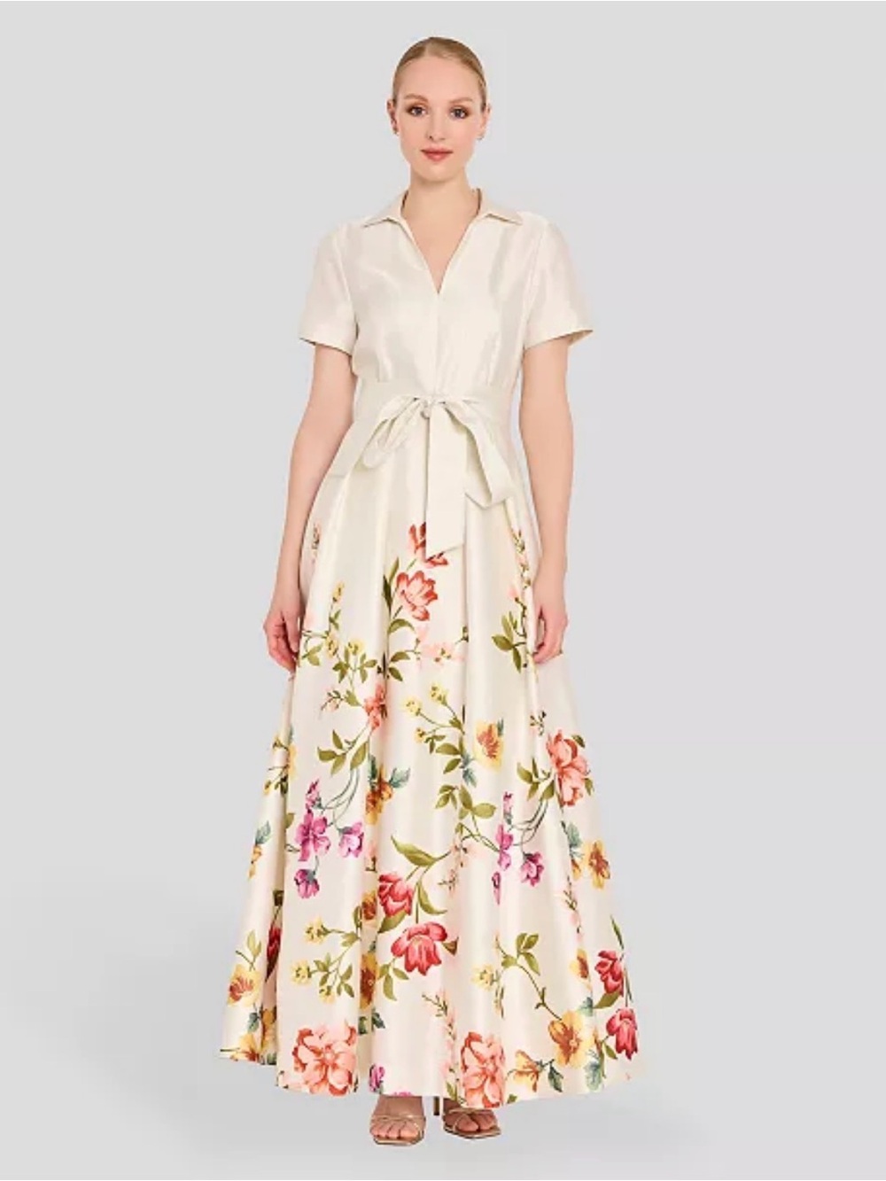 Tahari ASL Cream Floral Maxi Dress with Pink and Red Blooms